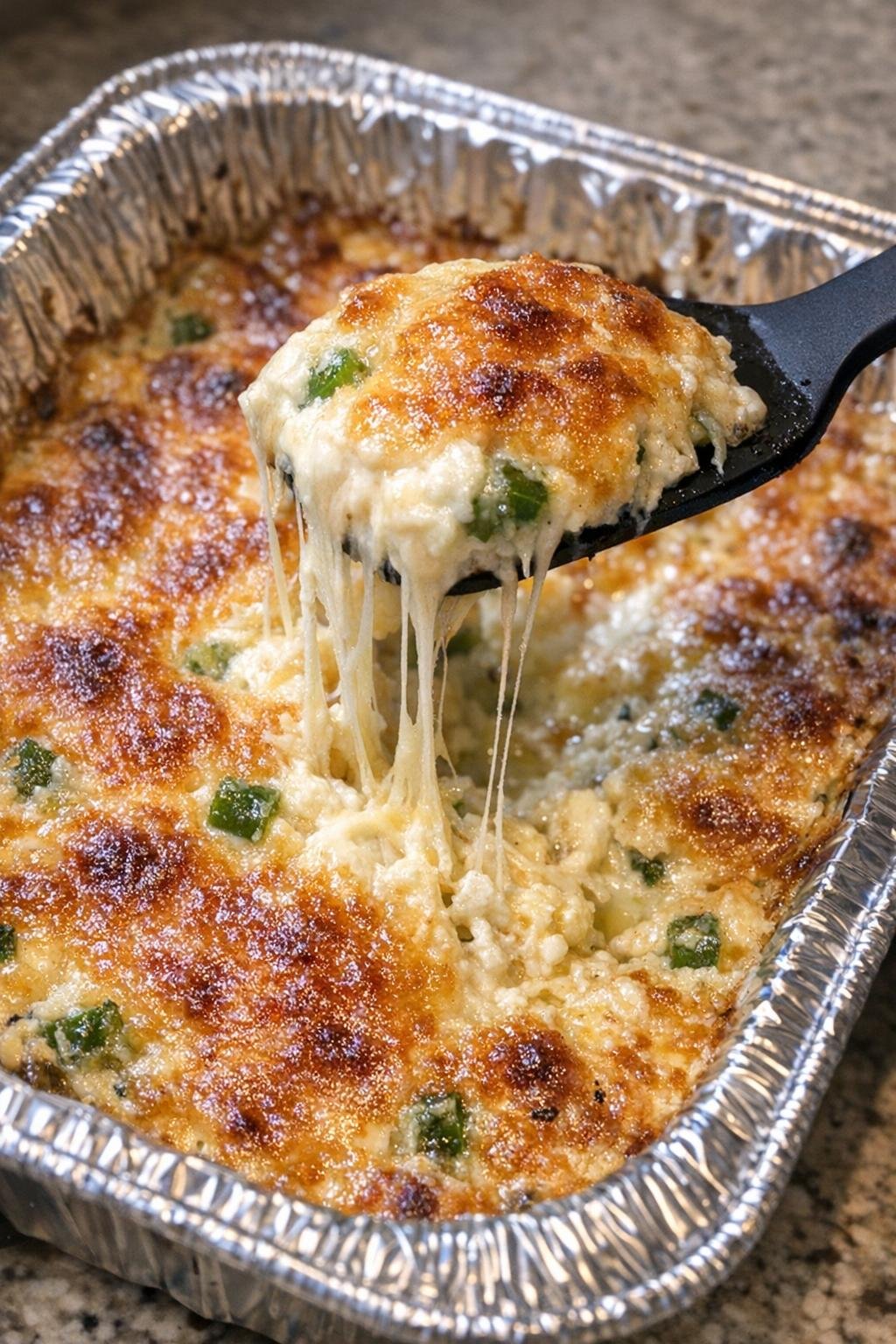 Bubbling golden cheese dip in a foil tray with a cheese pull