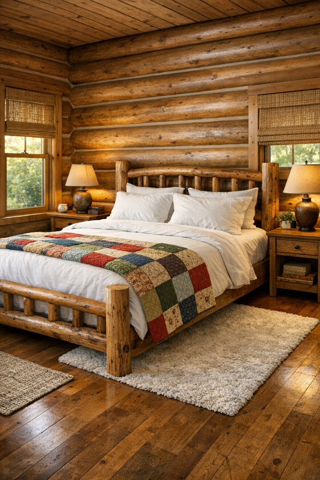 Peaceful log bedroom with handcrafted wood bed, layered quilts, and soft natural light