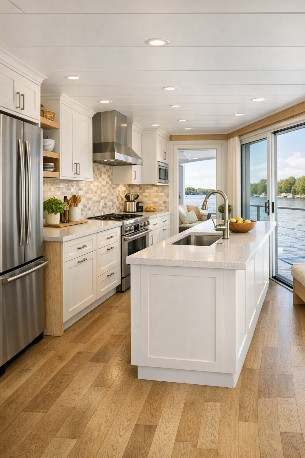 Accessible houseboat kitchen with pale cabinetry and quartz counters