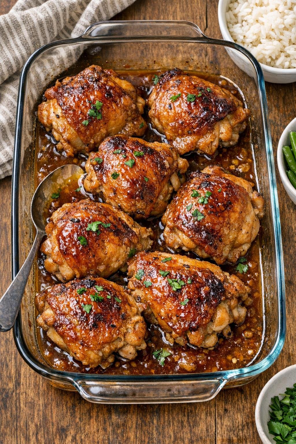 Finished baked chicken thighs glazed in amber sauce