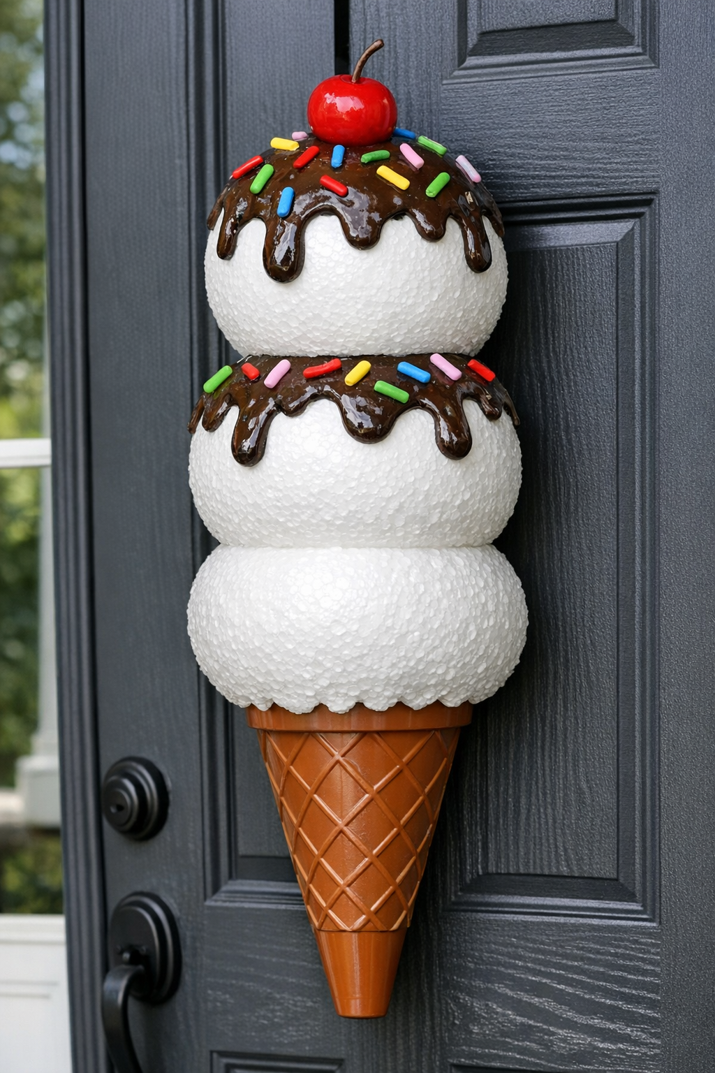 Finished giant ice cream cone front door hanger made from Styrofoam balls and a brown traffic cone