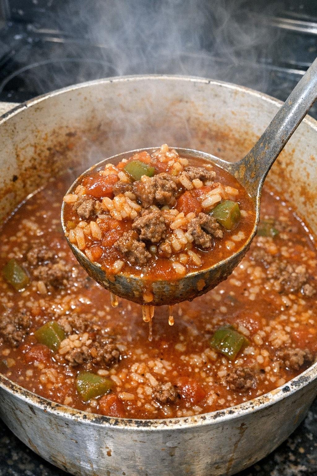 Stuffed pepper soup with beef, peppers, and rice