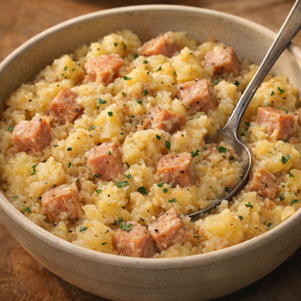 Chunky Spam and potato hash variation in a family-style bowl