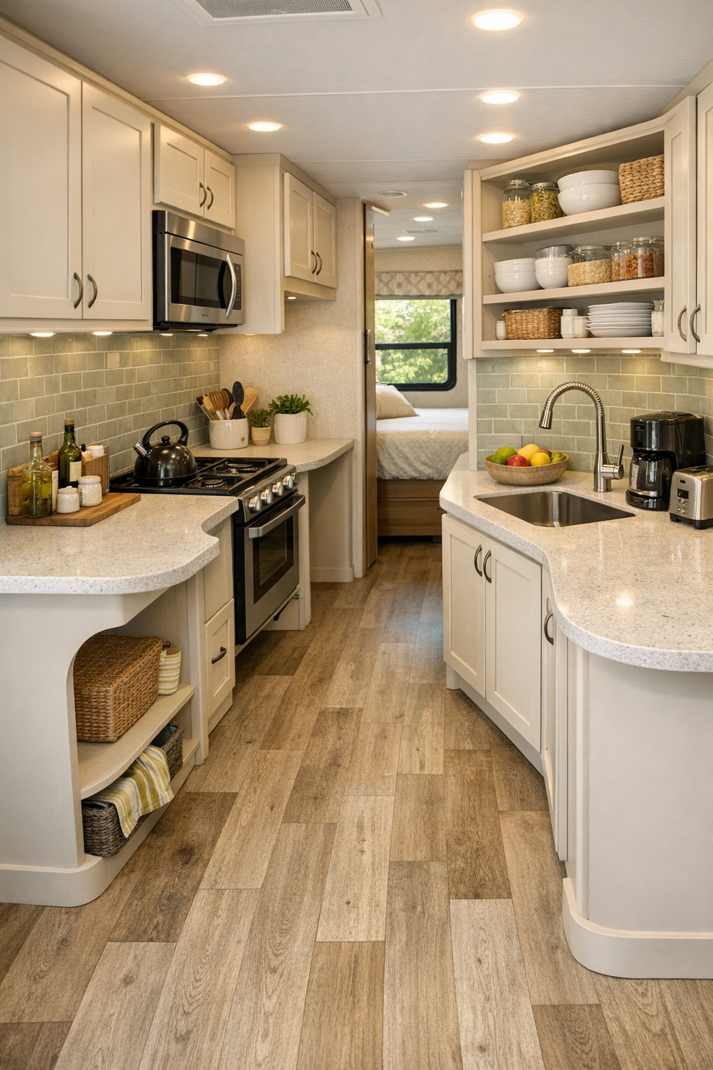 Accessible RV camper kitchen with cream cabinetry and quartz-look counters