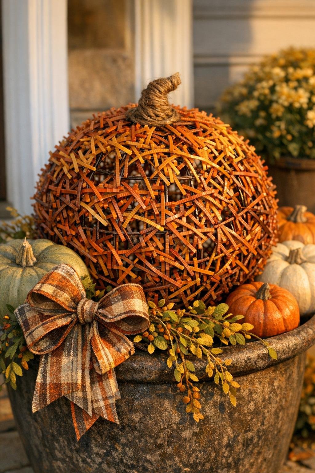 Finished harvest sphere made from a wire basket frame and zip ties displayed in a fall porch arrangement