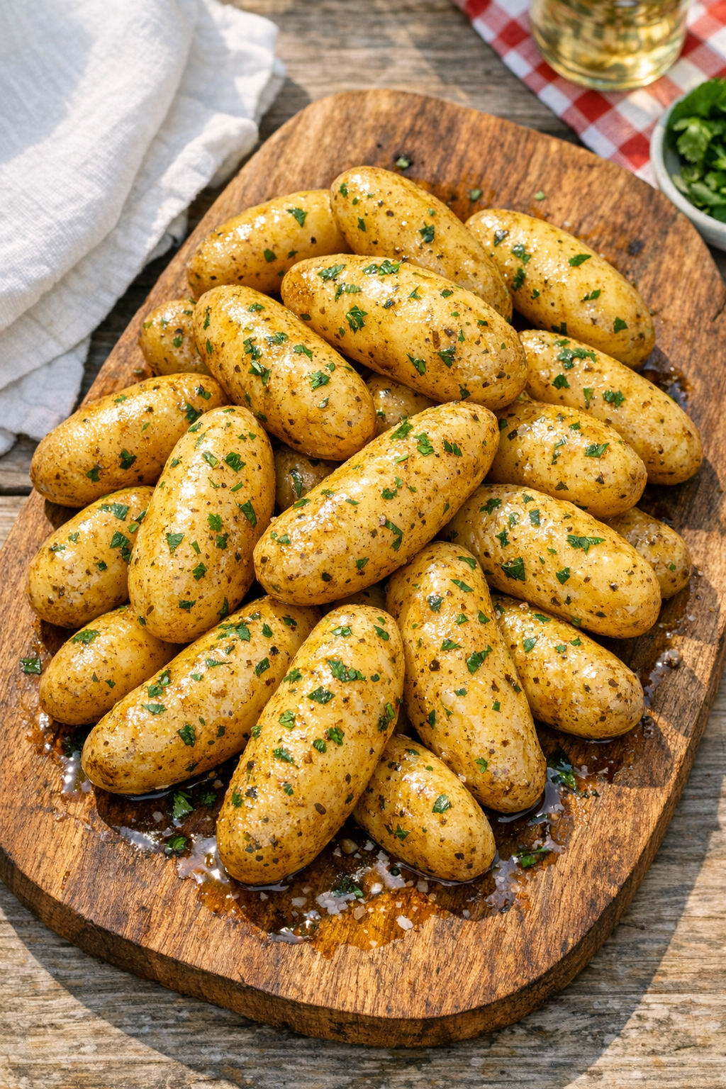 Finished butter glazed baby potatoes served on a rustic wooden board
