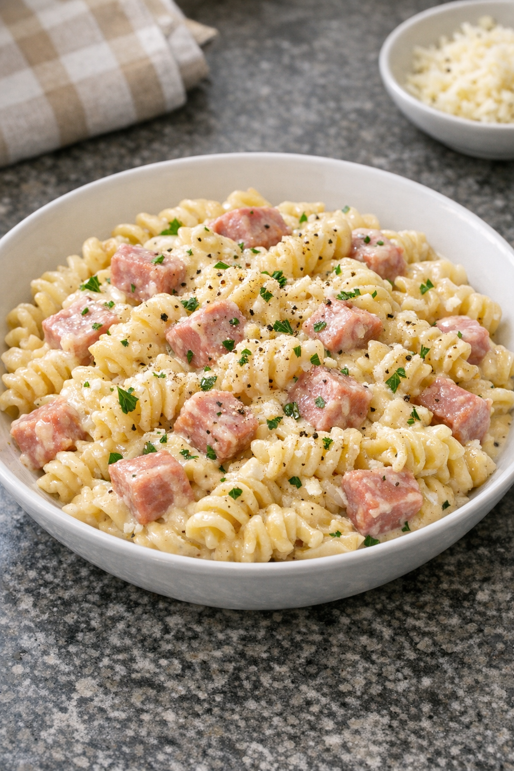 Finished brick cheese ham pasta served in a shallow bowl
