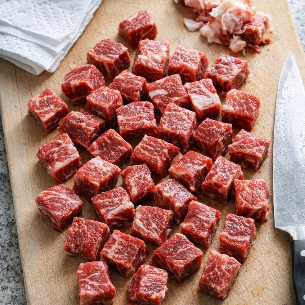 Trimmed beef chuck cubes on cutting board