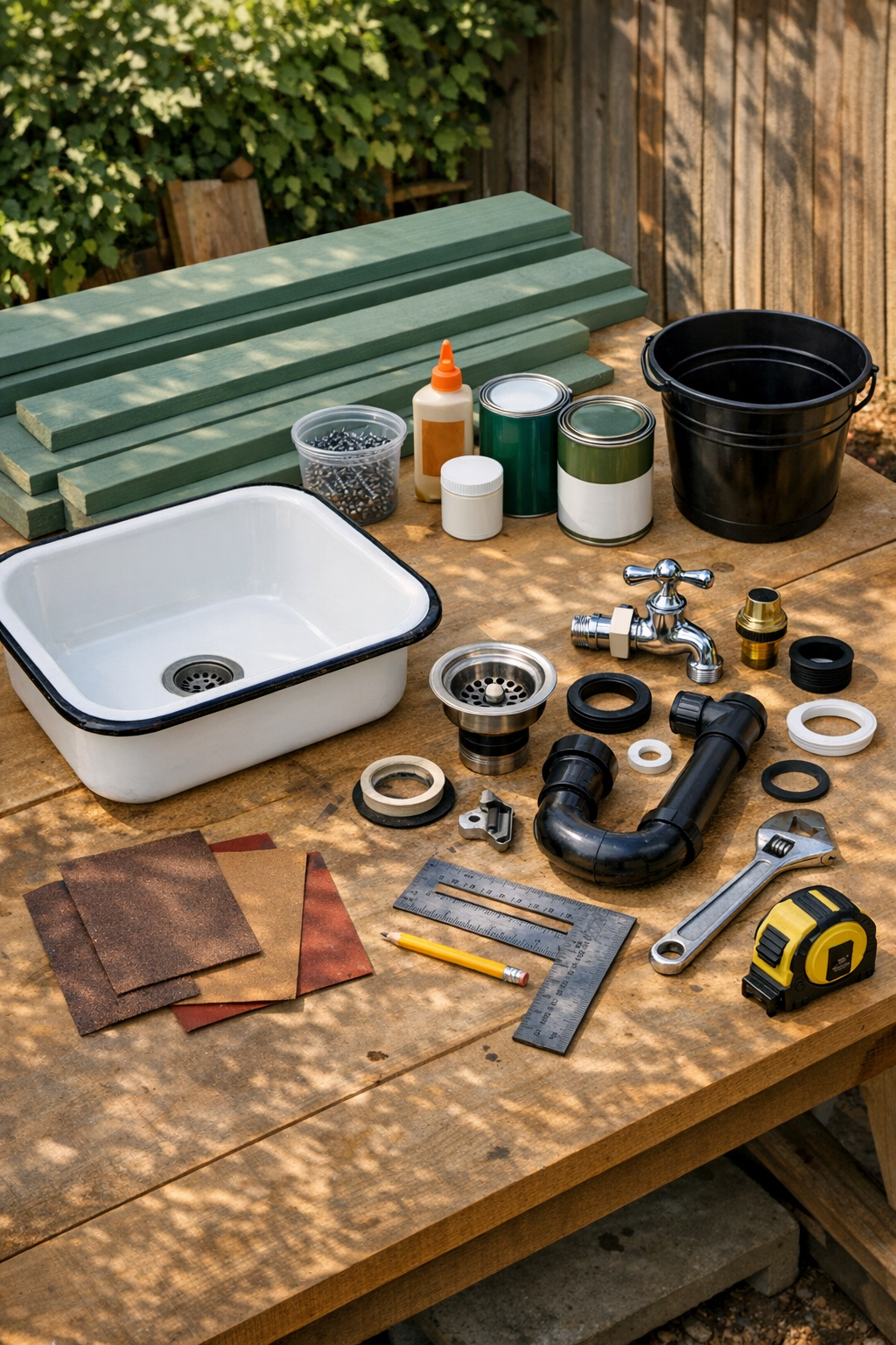 Materials for building an outdoor garden sink laid out on a work surface