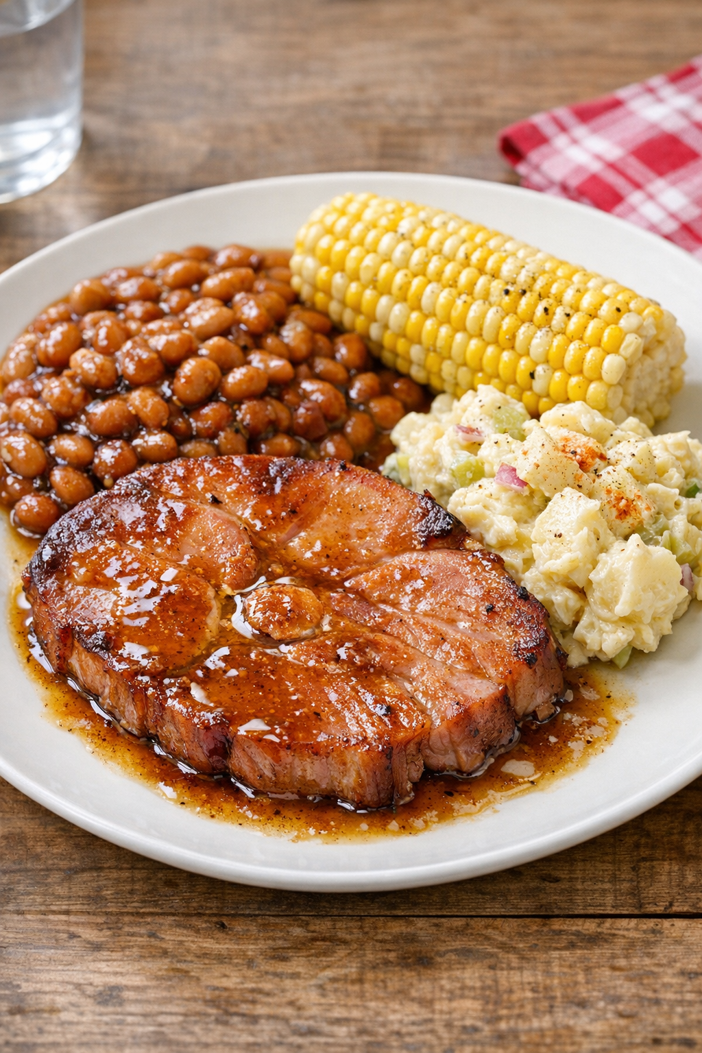 Finished slow cooker ham steaks plated with cookout sides