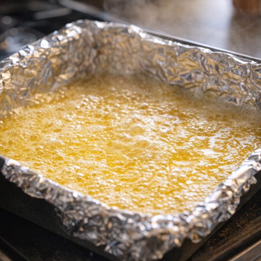 Melted butter bubbling in a foil-lined baking pan