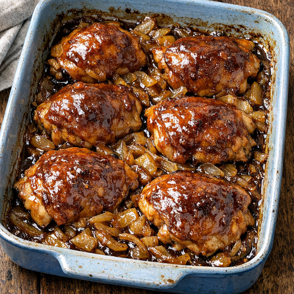 Freshly baked chicken with browned glaze and tender onions in the dish