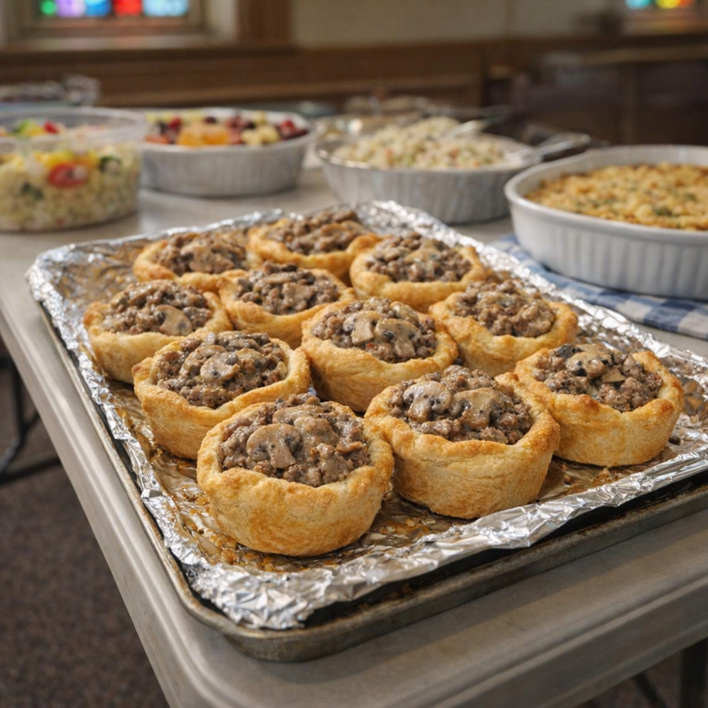 Potluck tray of beef and mushroom crescent cups