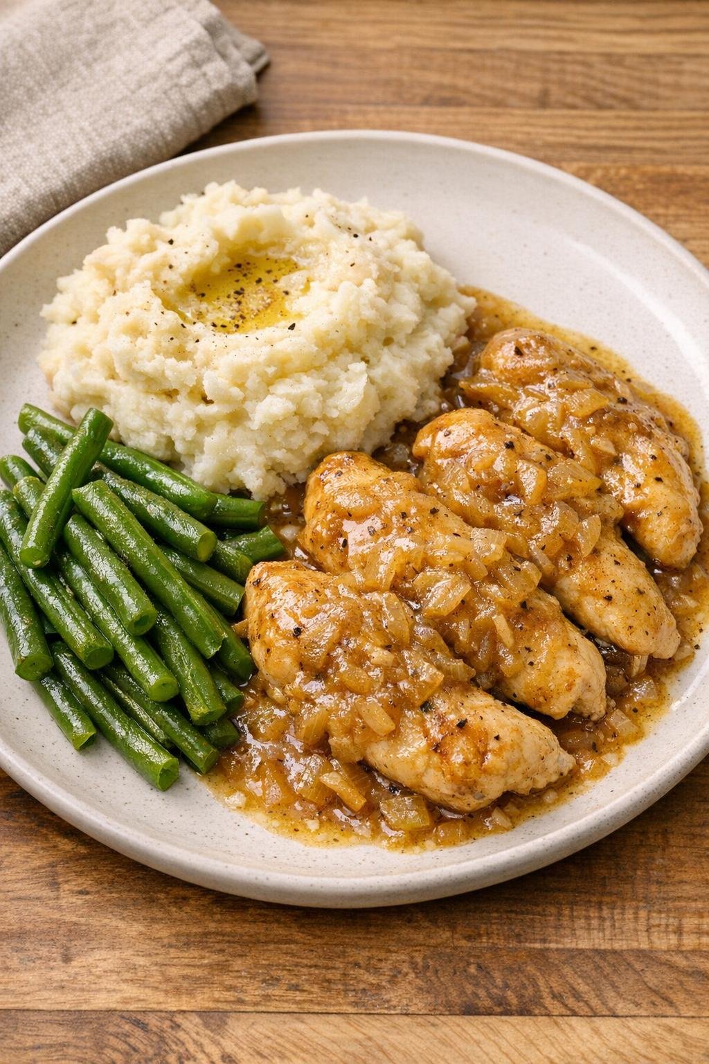 Finished smothered chicken tenderloins plated with sauce