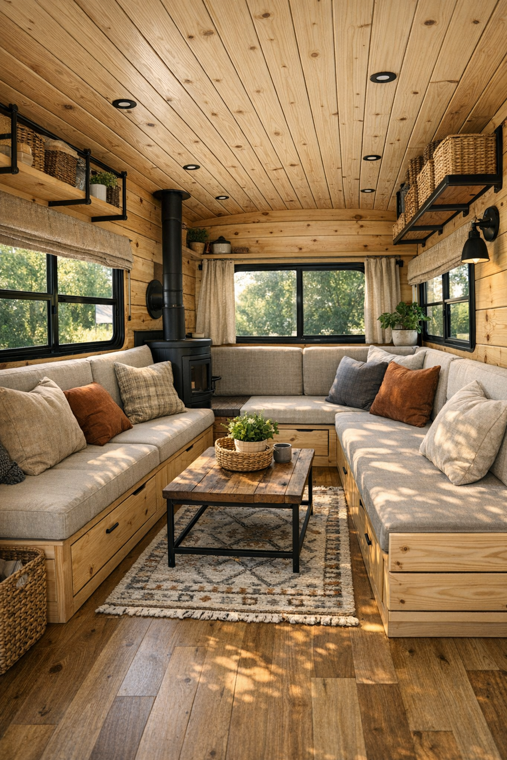 Cozy converted bus living room with built-in bench seating and warm wood finishes