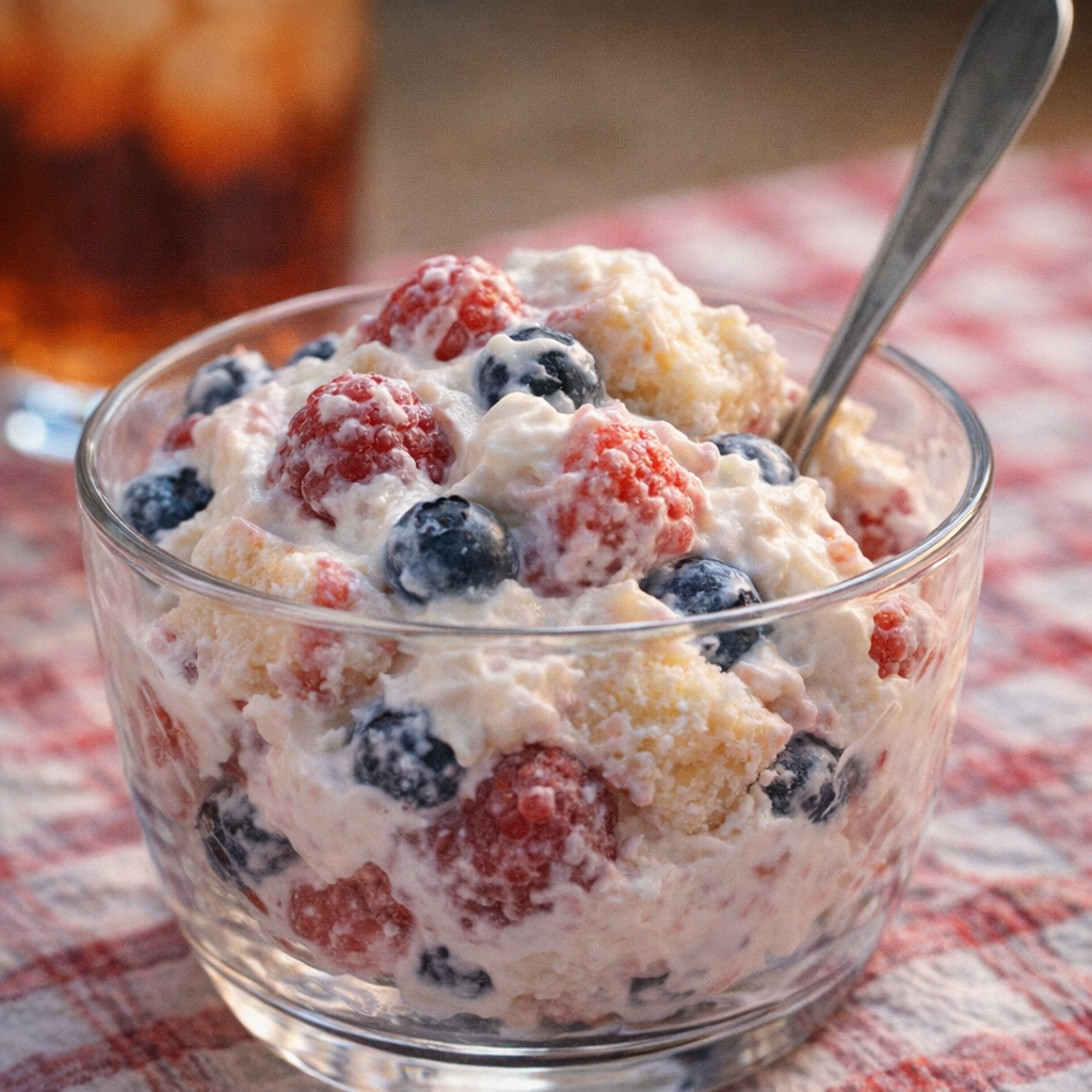 Served bowl of berry trifle with a spoon ready to eat