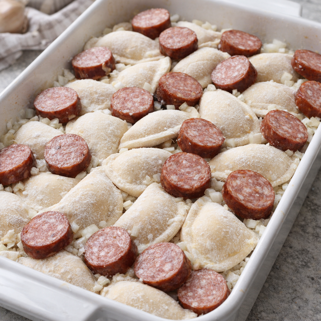 Pierogies and kielbasa layered in baking dish