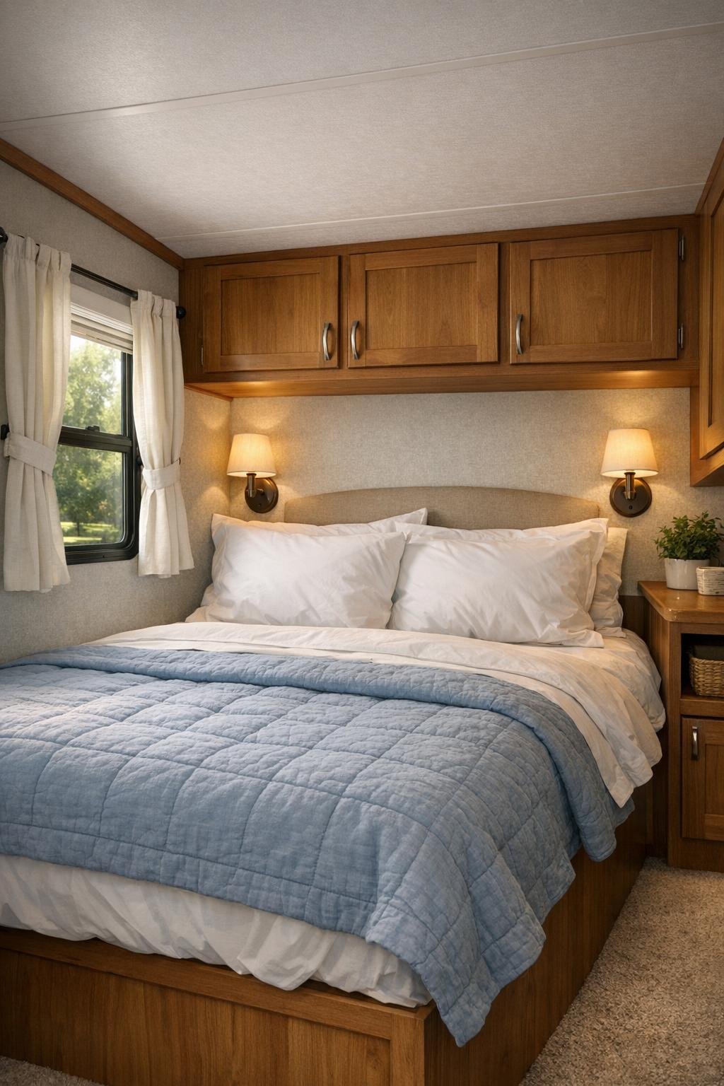 Serene RV bedroom with white bedding, quilted layers, and warm wood trim