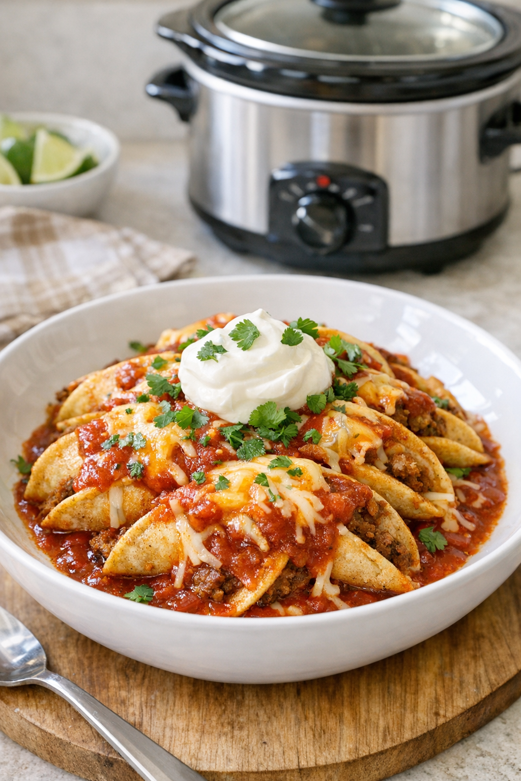 Finished slow cooker beef taco casserole plated with toppings