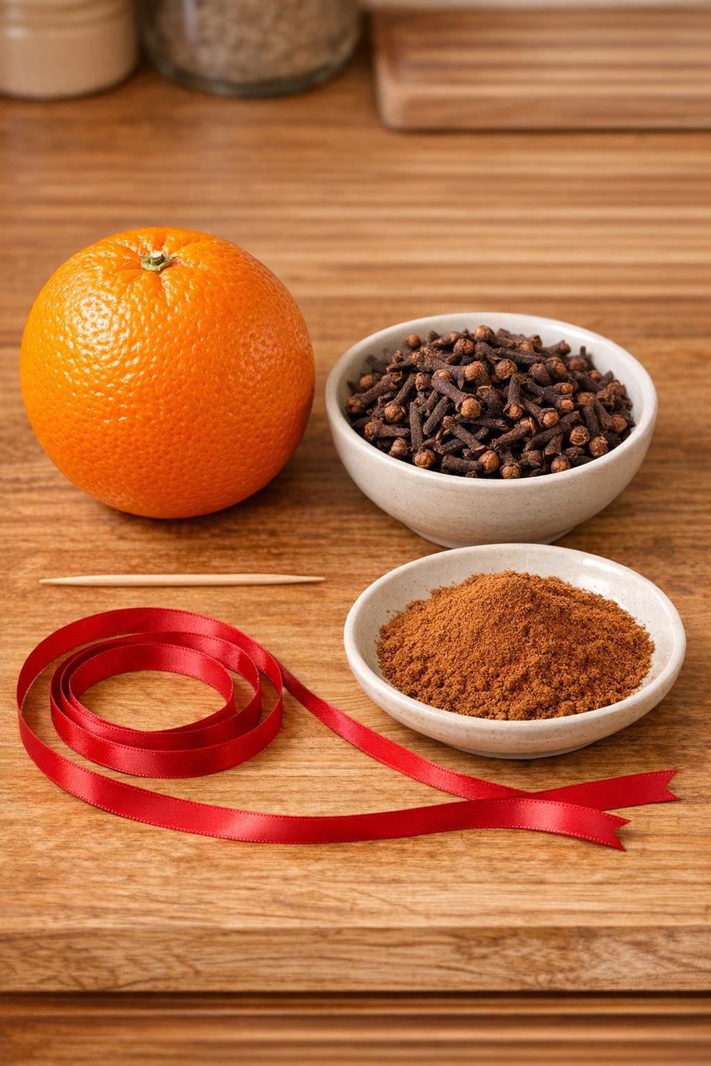 Materials for making a clove orange pomander laid out on a kitchen counter