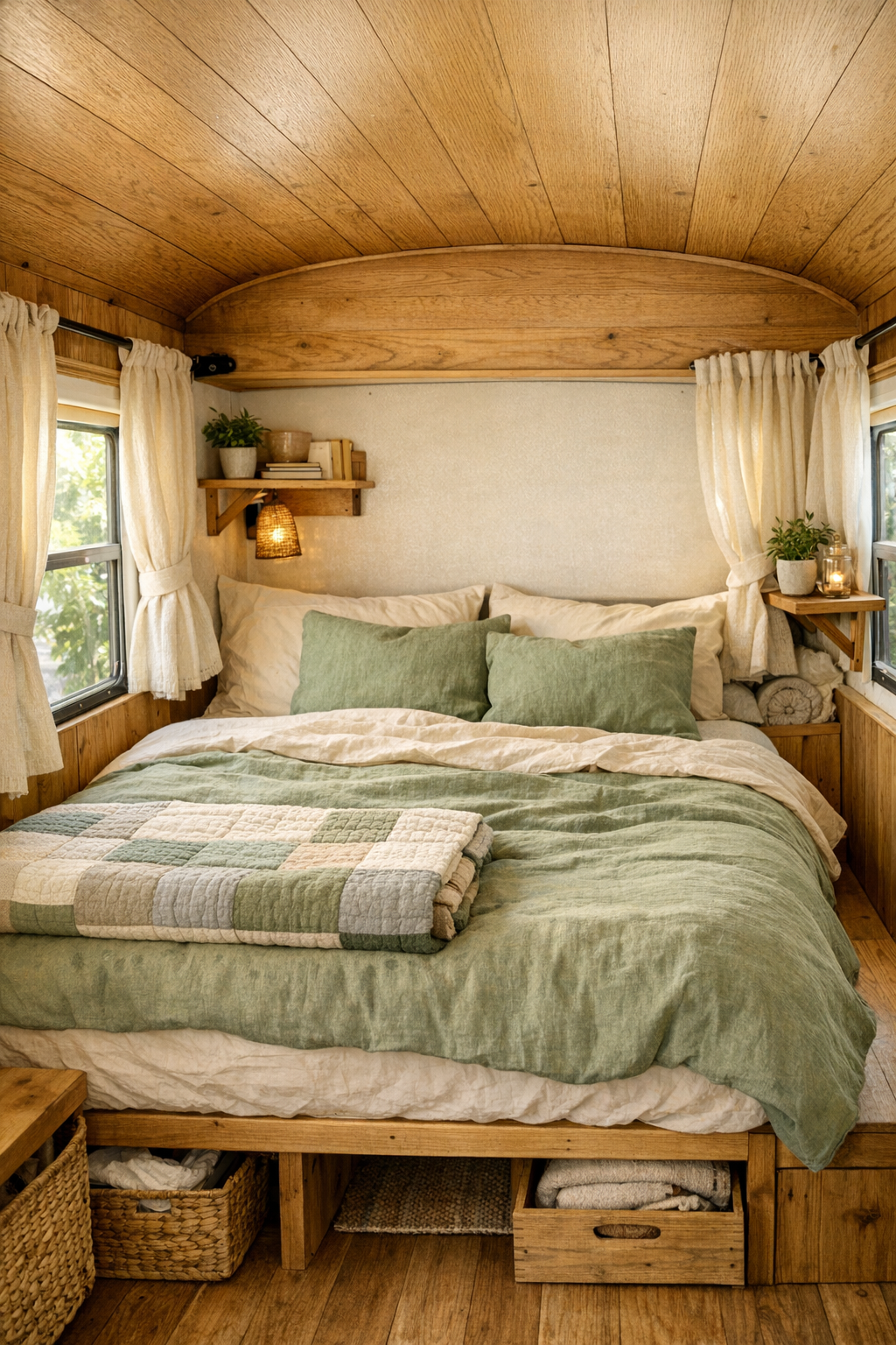 Calm converted bus bedroom with built-in bed and layered linen bedding