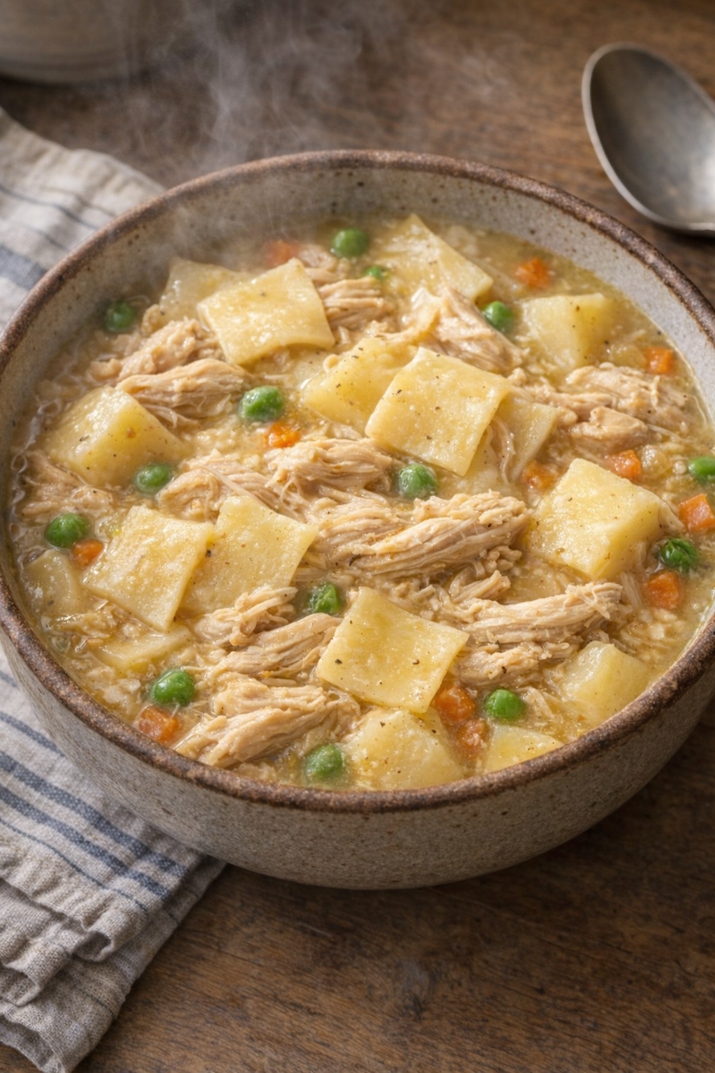 Slow cooker Amish chicken pot pie in a rustic bowl