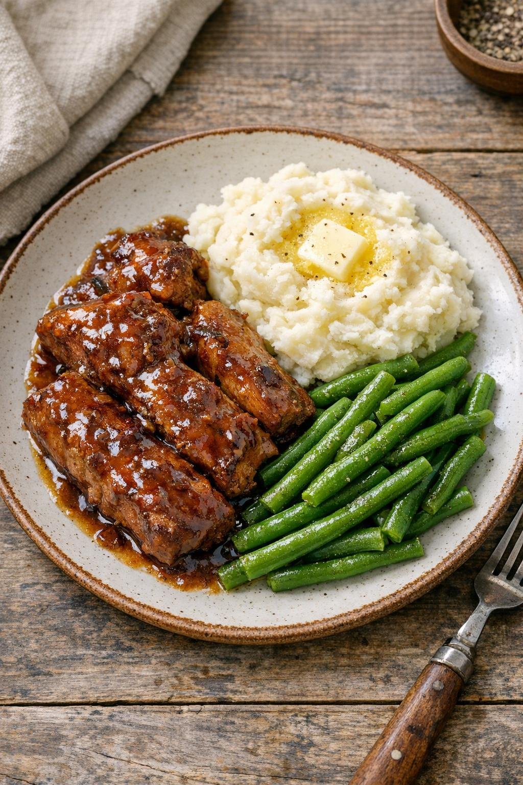 Finished slow cooker boneless pork ribs plated with sauce