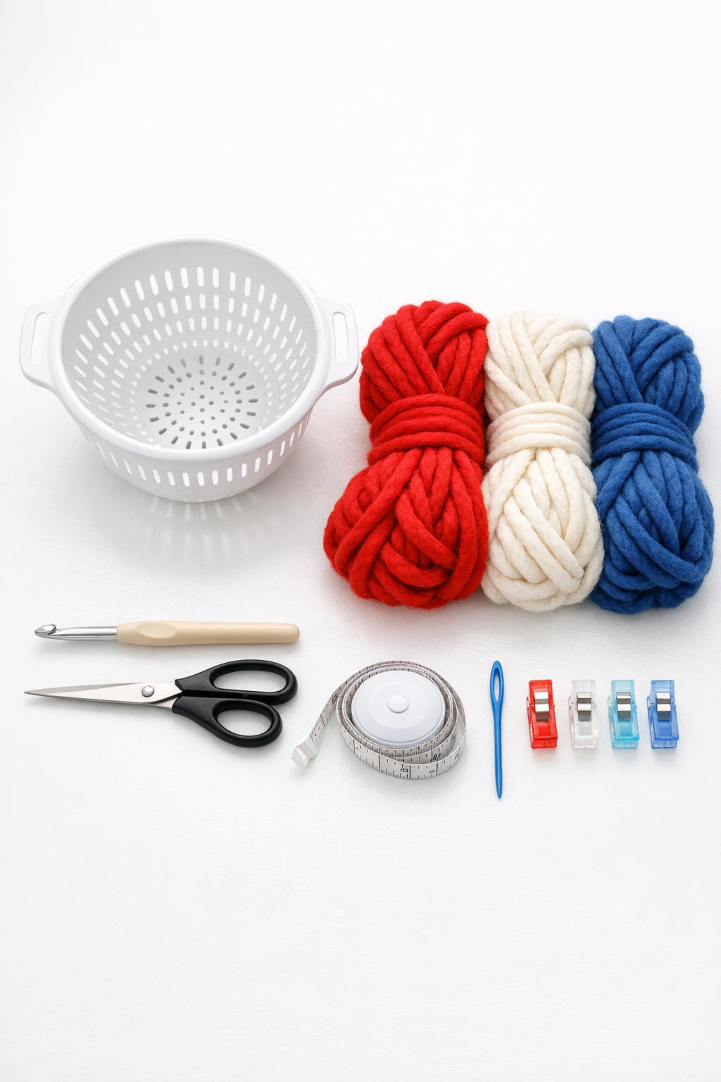Materials for making a patriotic yarn-wrapped colander serving bowl