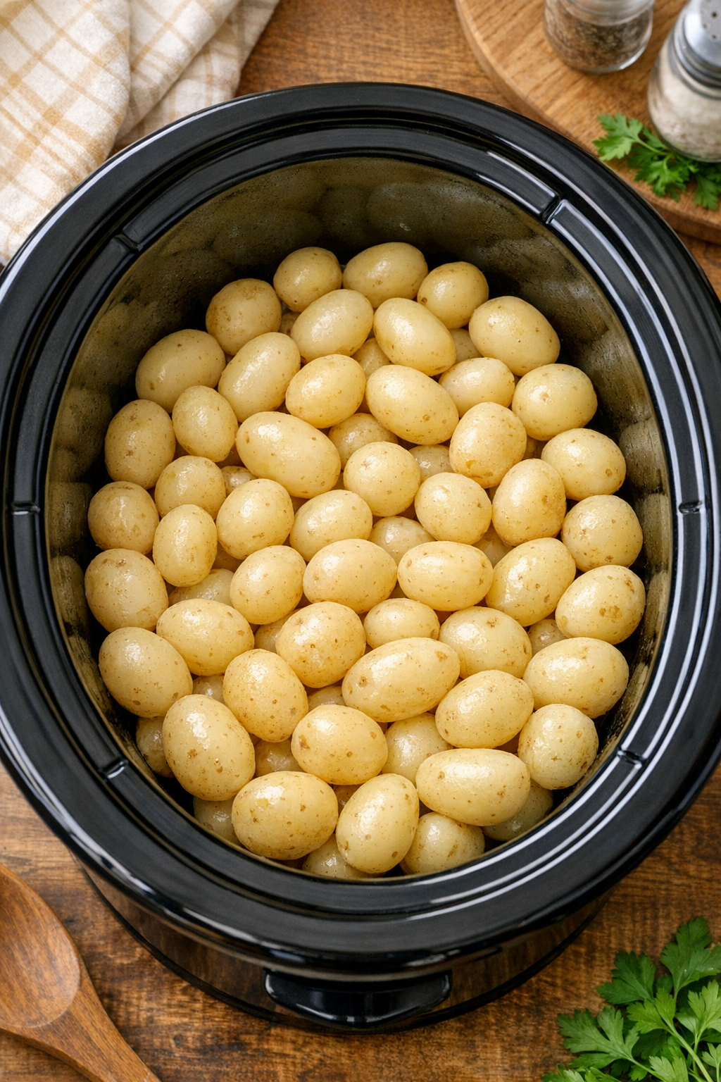 Baby potatoes spread in the bottom of a slow cooker