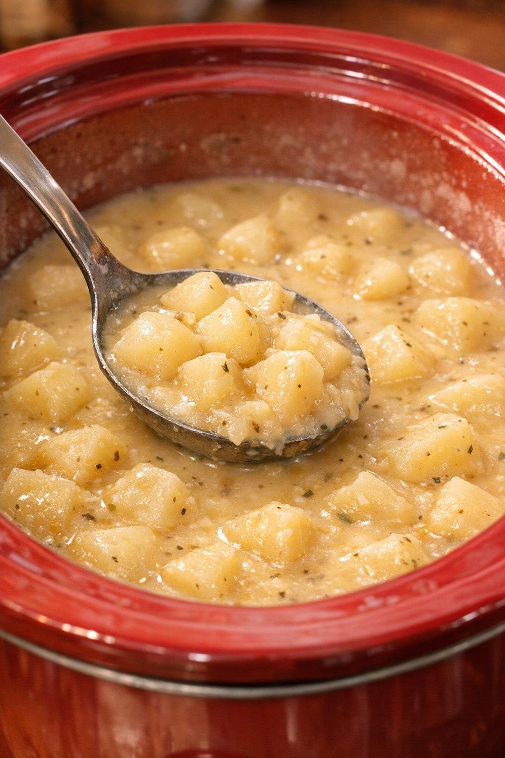 Zacht gegaarde aardappelen in een slowcooker met ingedikte bouillon.