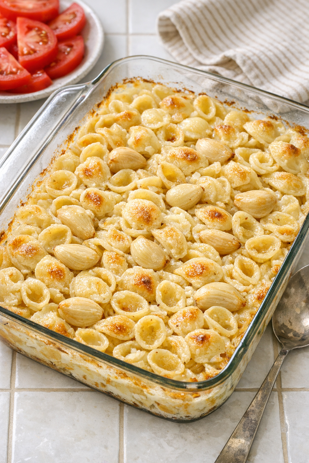 Finished Amish garlic macaroni baked until golden in a glass casserole dish