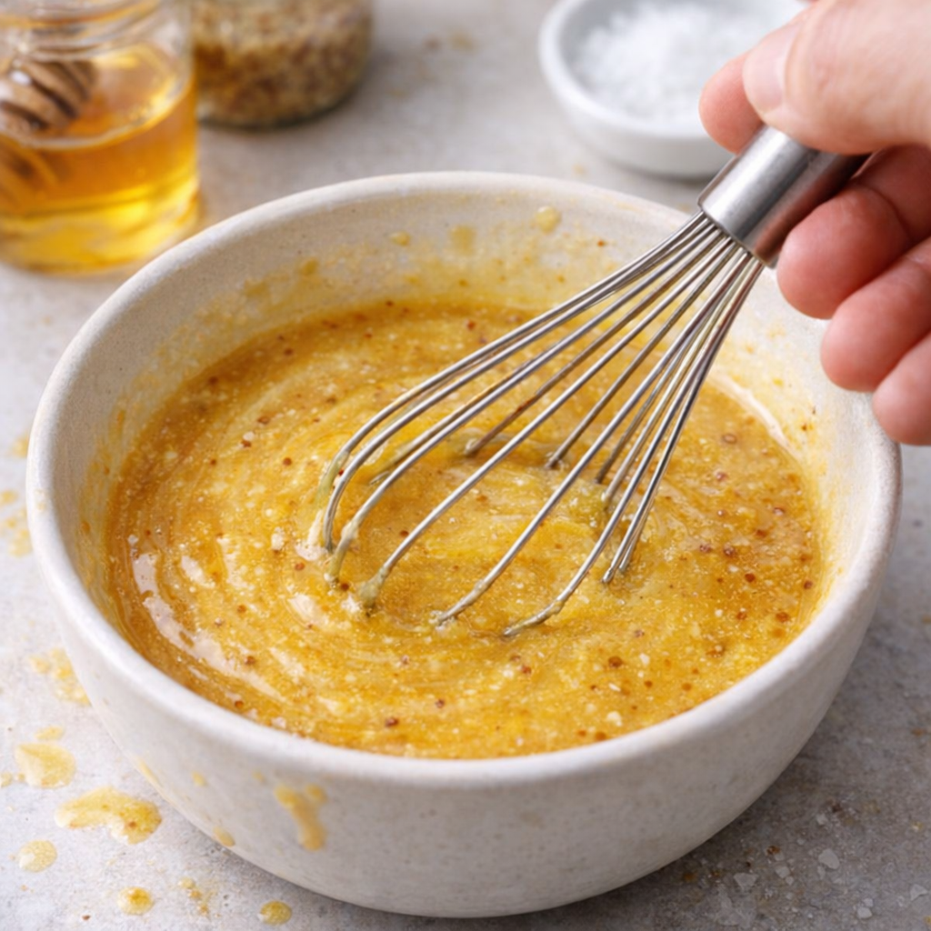 Honey mustard sauce being whisked in a small bowl