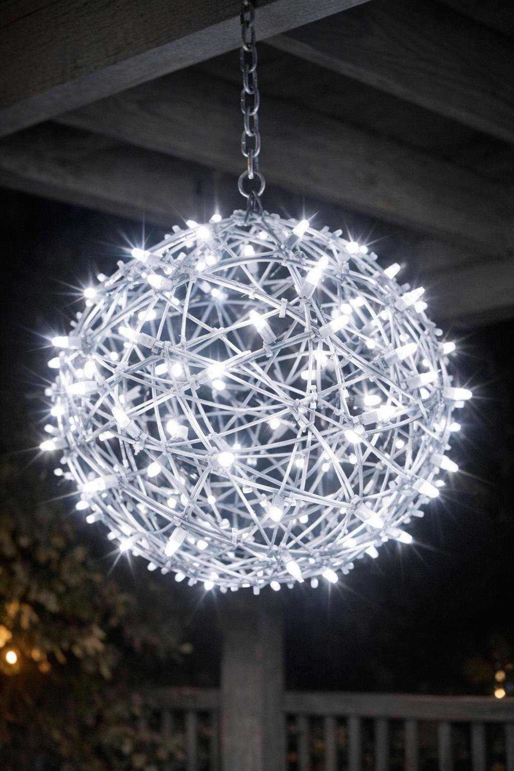 Finished glowing porch sparkle ball hanging outside at night