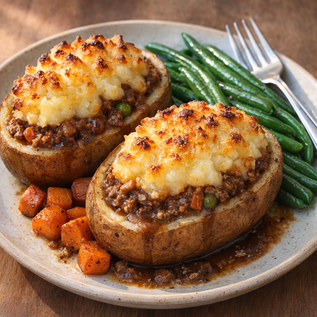 Served shepherd’s pie baked potato on a plate with vegetables