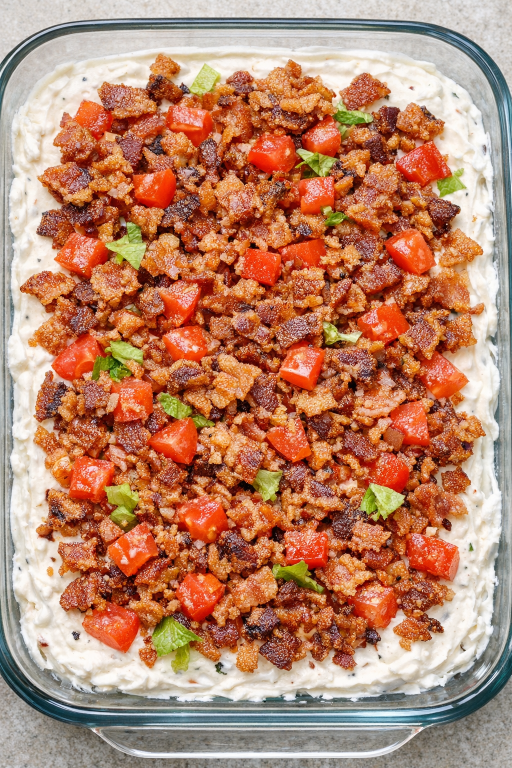 Southern 4-ingredient BLT dip in a glass casserole dish