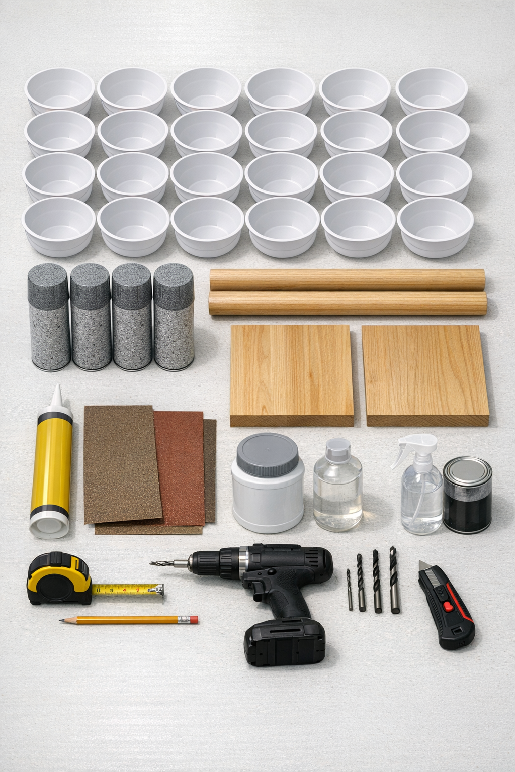 Materials for faux stone porch pillars laid out on a work surface