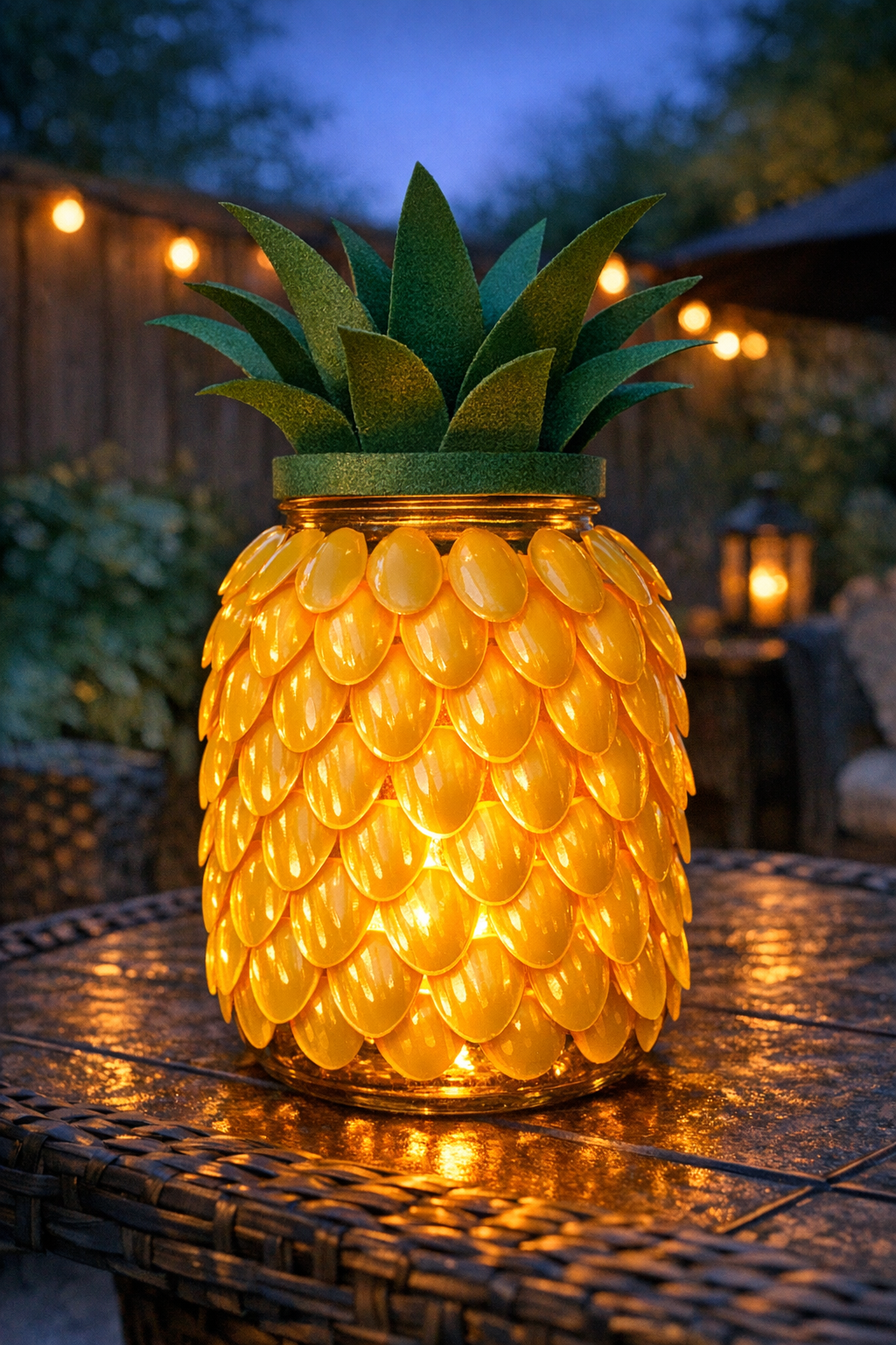 Finished glowing pineapple lantern made from a pickle jar and yellow spoons