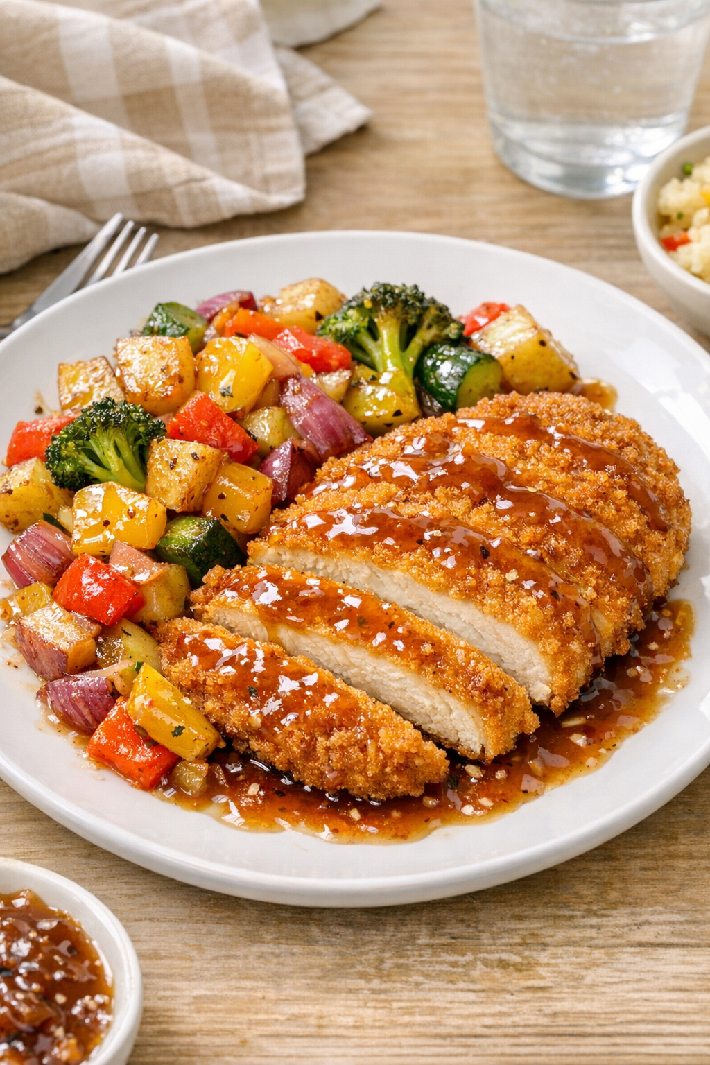 Finished plated breaded chicken with roasted vegetables