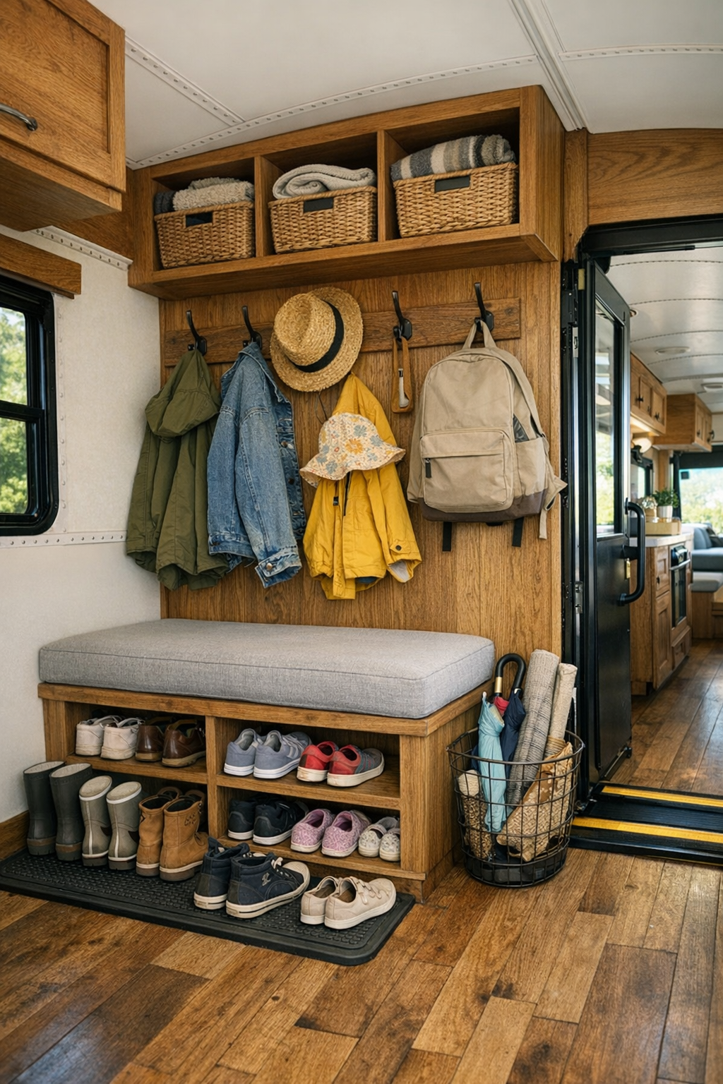 Built-in entry nook inside a converted bus with bench, hooks, and storage cubbies