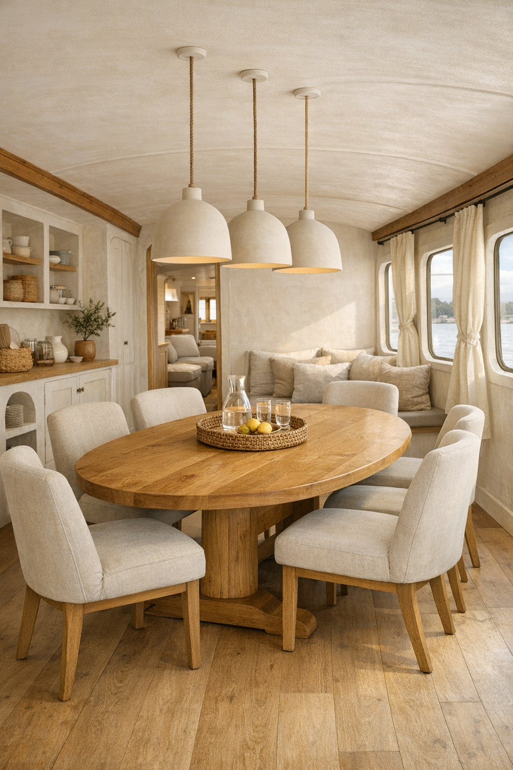 Sunlit Mediterranean dining room with oval oak table and ceramic pendant lights