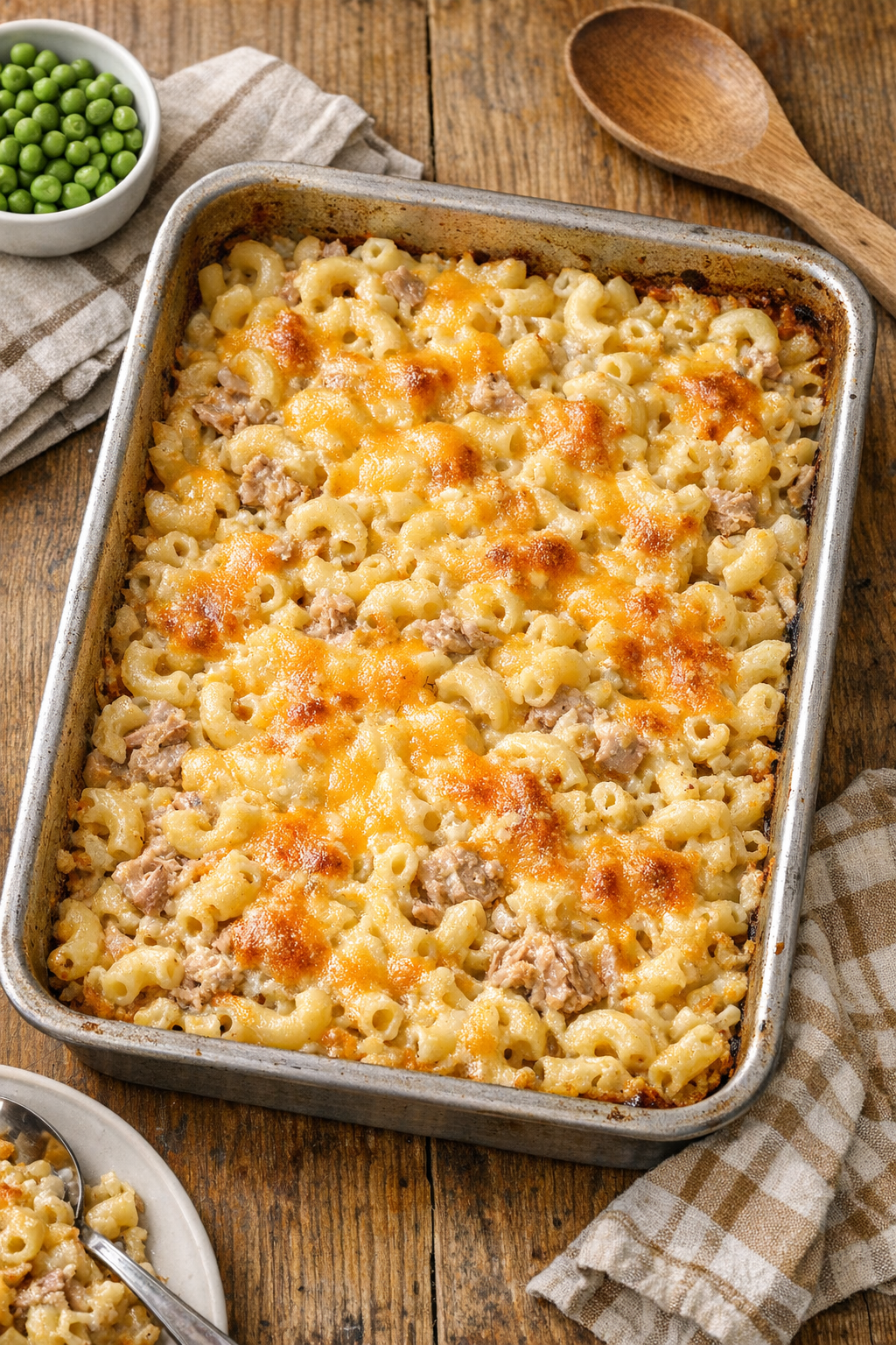 Finished baked tuna macaroni casserole in a rustic baking dish