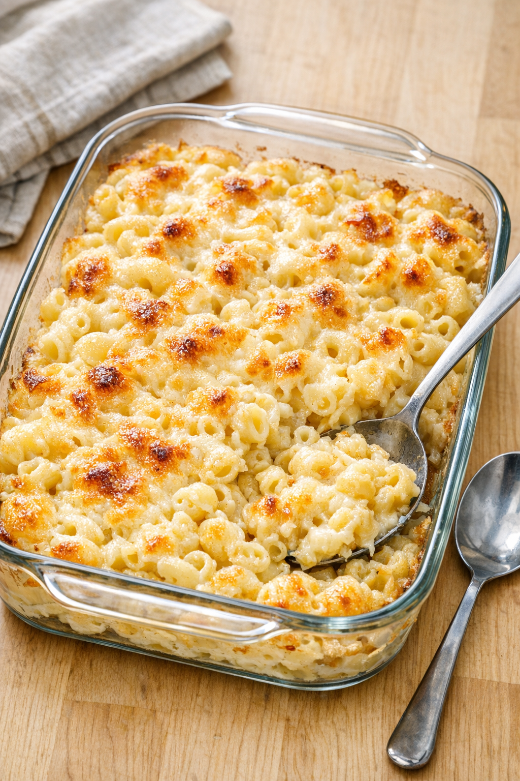 Finished baked havarti macaroni in a glass baking dish