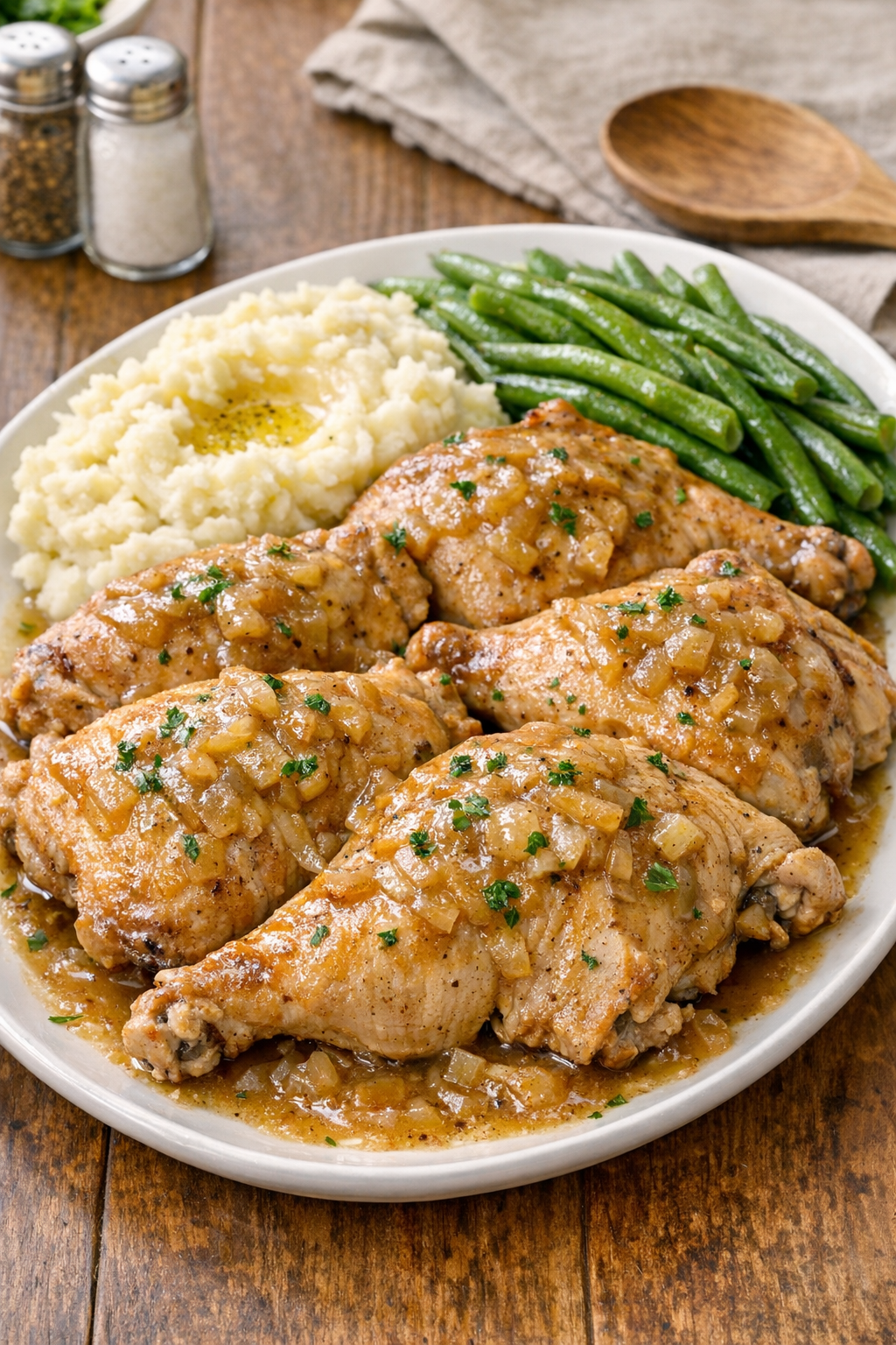 Finished slow cooker chicken quarters plated with gravy