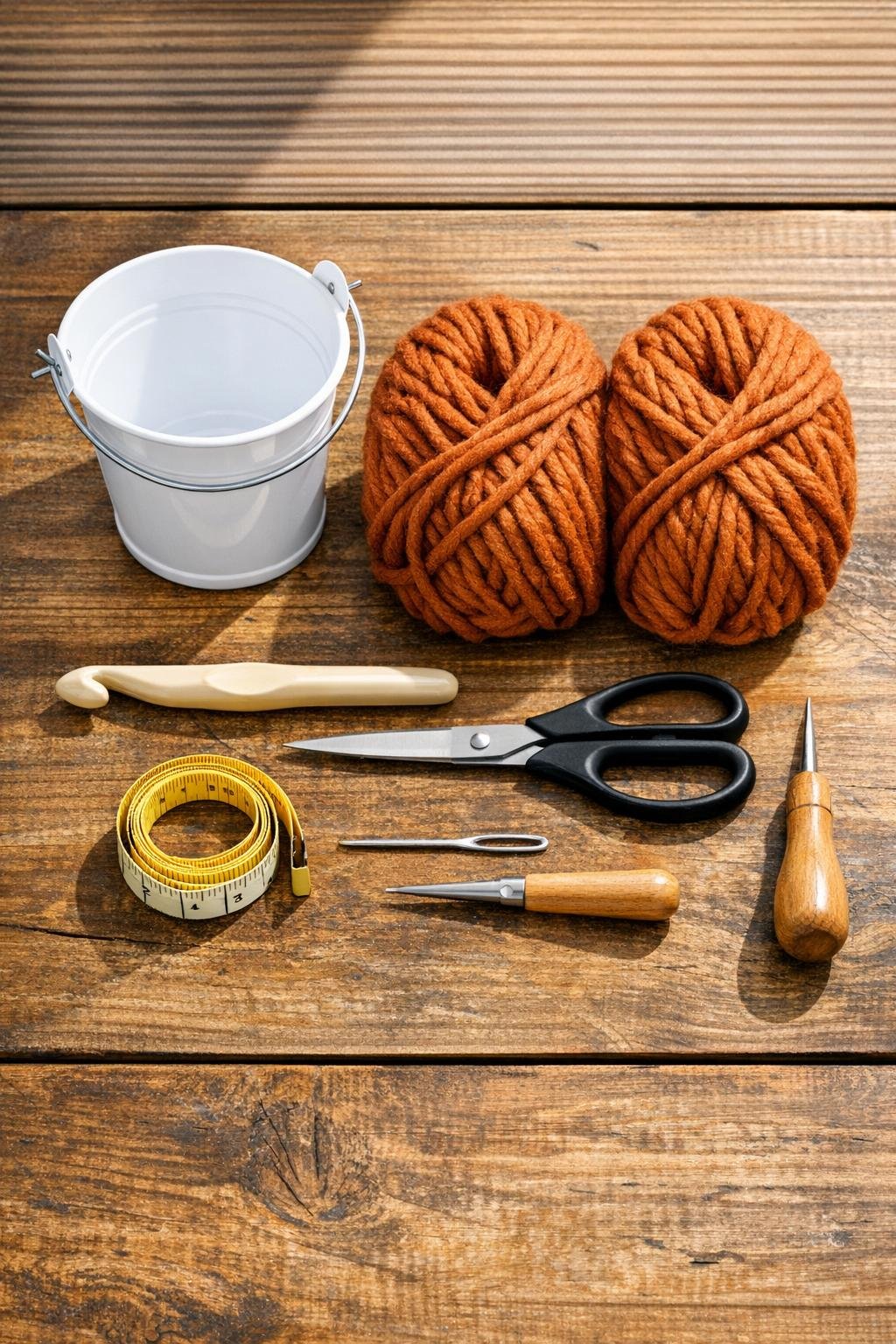 Chunky burnt sienna yarn, plastic bucket, crochet hook, and craft tools laid out neatly