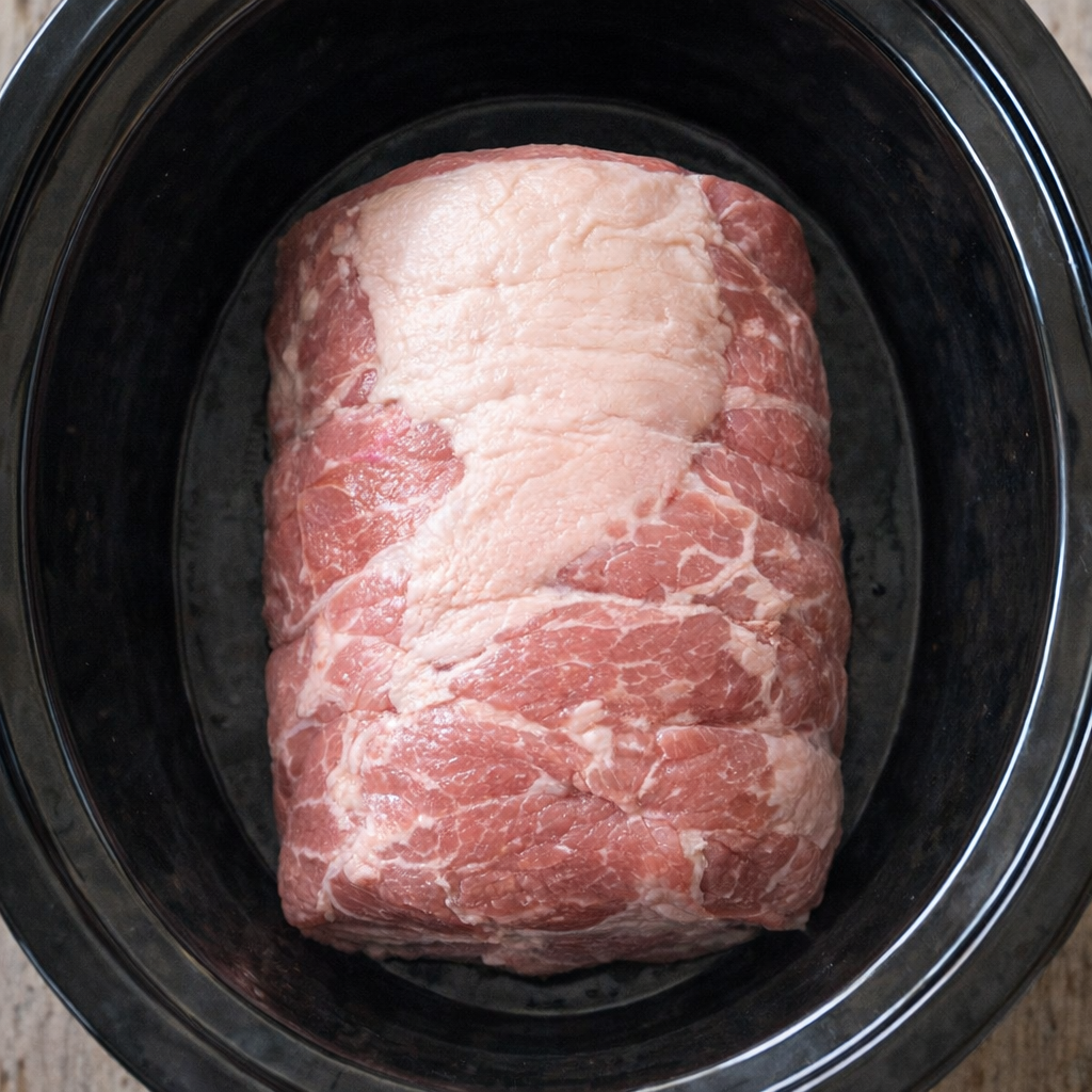 Raw pork roast resting in a slow cooker before cooking