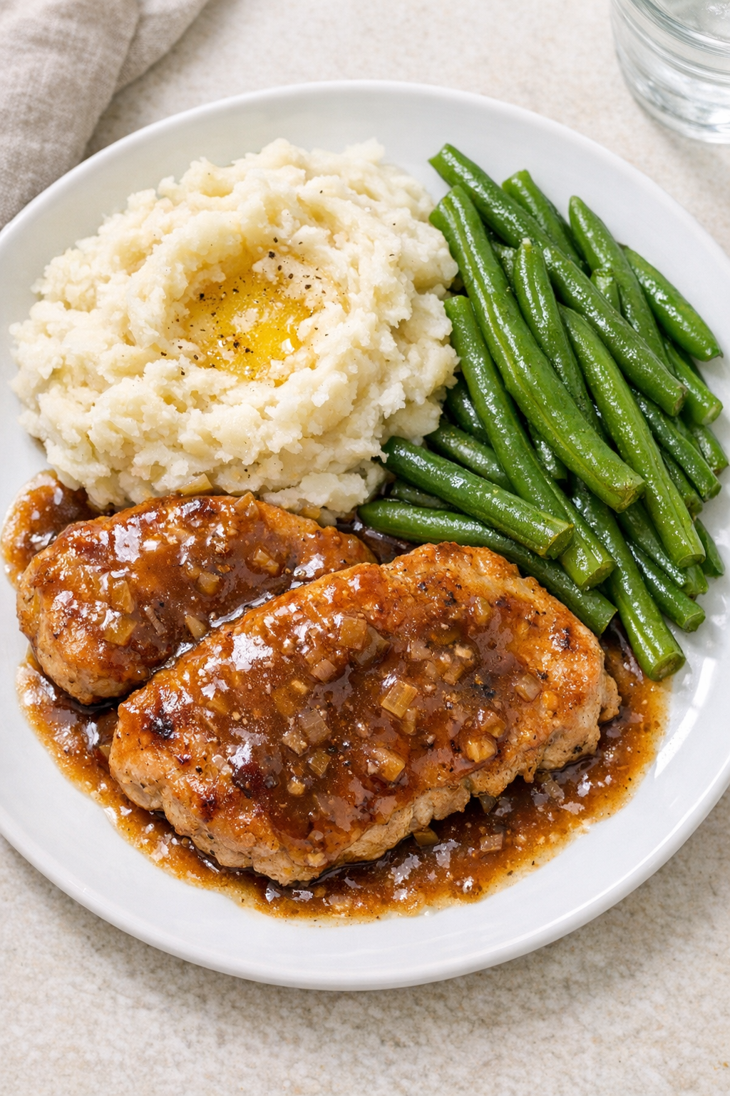 Finished slow cooker pork cutlets plated with sauce