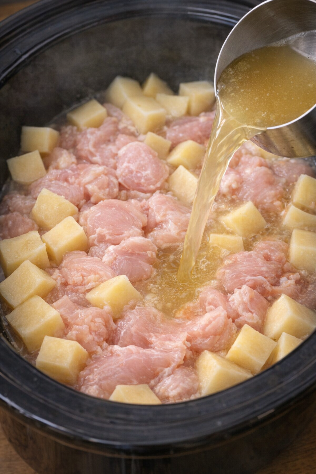 Chicken and potatoes covered with broth in slow cooker
