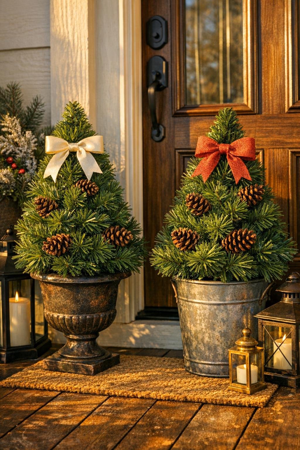 Finished porch urn topper trees made from old fake Christmas tree tops on a front porch