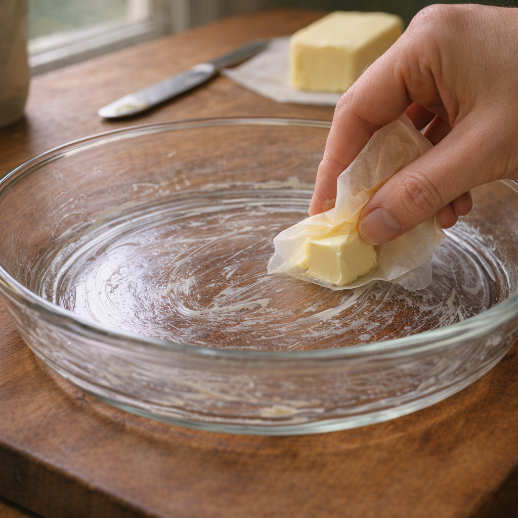 Butter greasing a clear glass pie dish before baking