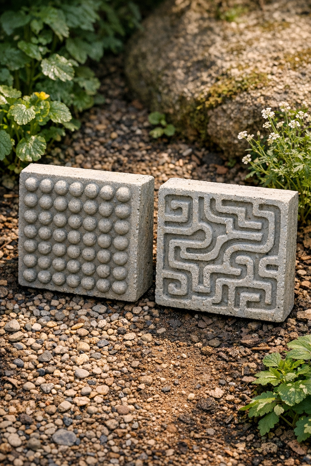 Two finished heavy textured cement garden tiles displayed outdoors